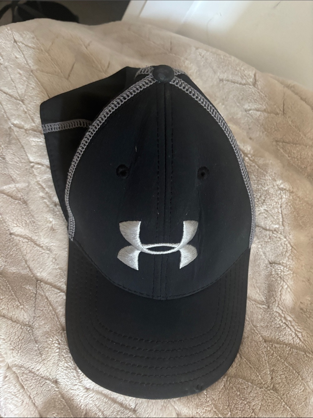 Under Armour Black Cap with White Logo and Gray Stitching
